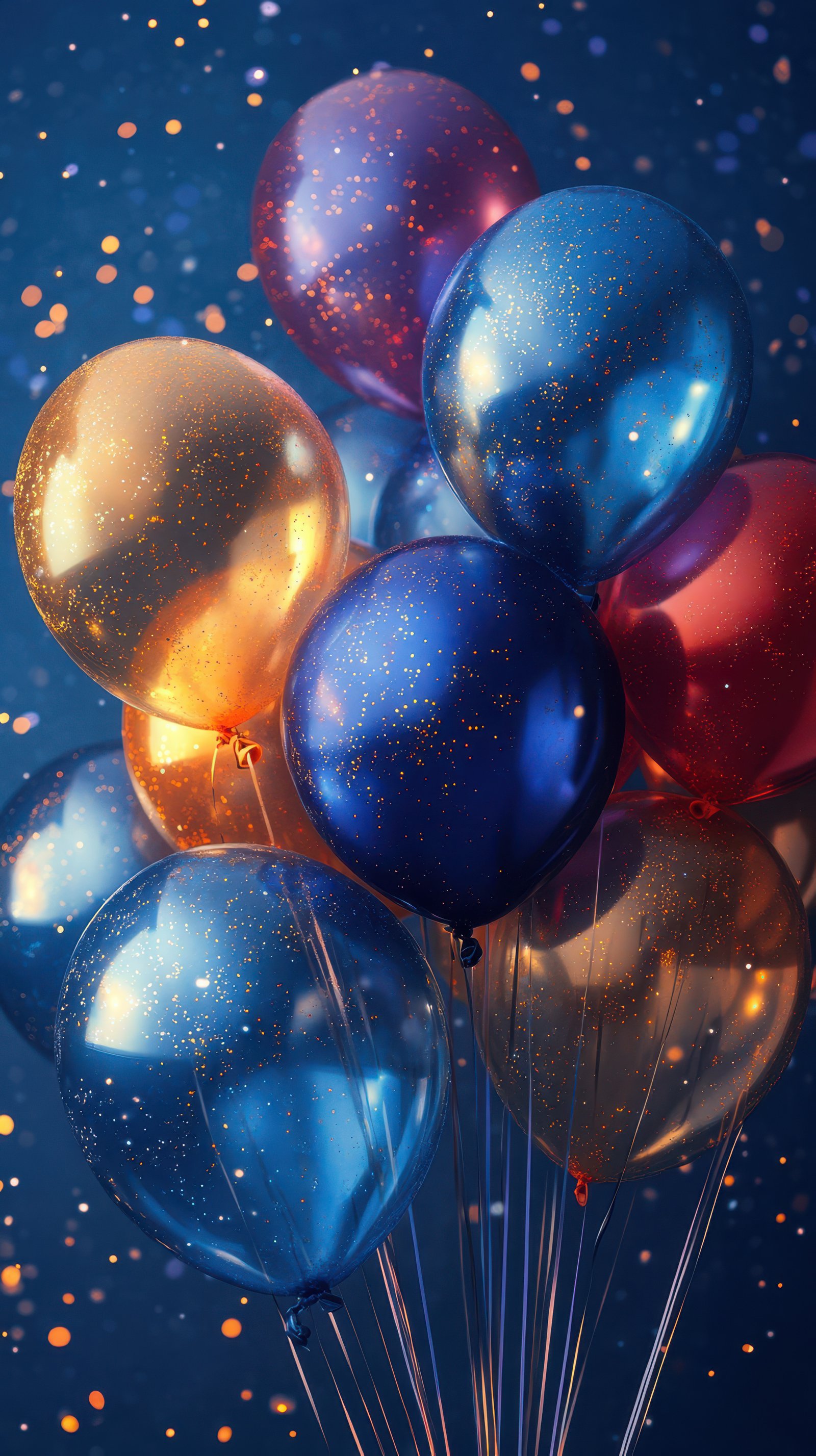 Colorful balloons filled with glitter float against a sparkling blue background creating a festive celebration atmosphere